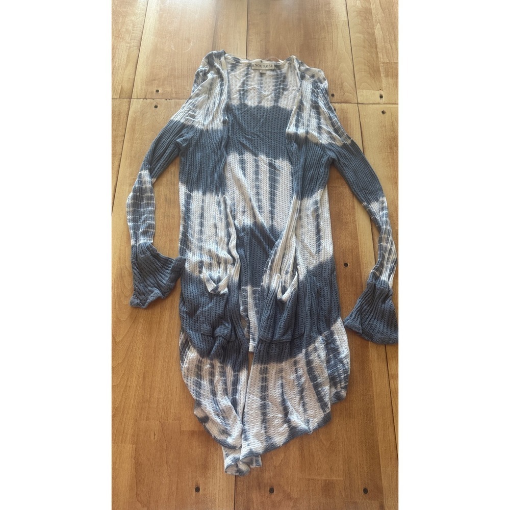 Knox Rose Blue Tie Dye Waffle‎ Knit Cardigan Small Bell Sleeve Sharkbite Hem